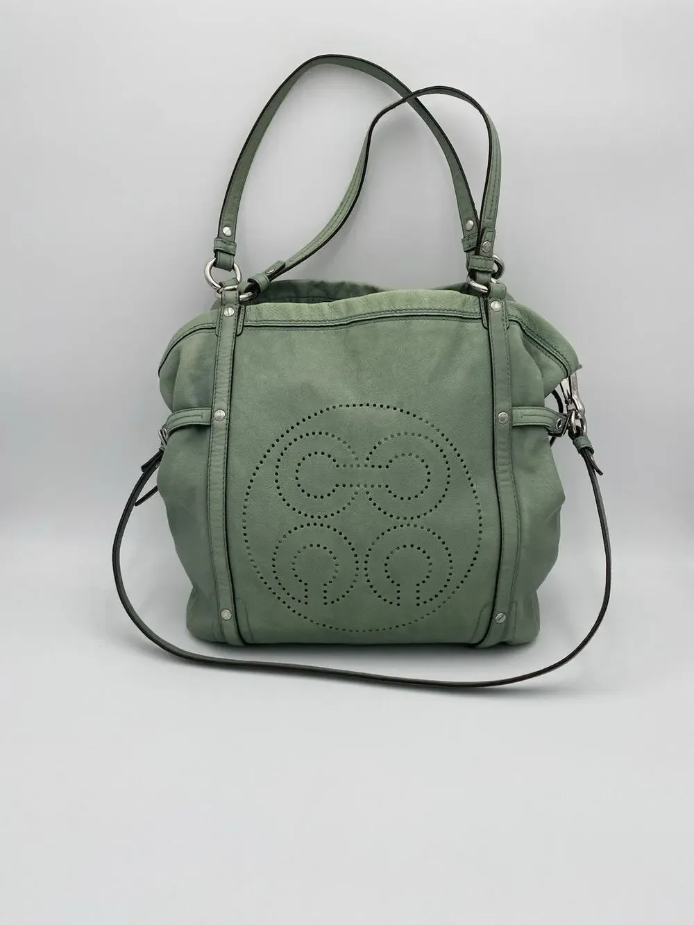 Coach Audrey Cinched Shoulder Bag Green Leather Double Handle Large 17064 READ